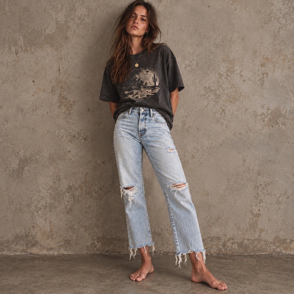 Pistola Straight Leg High Rise Distressed Jeans Light Wash Sz 29